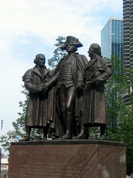 Heald Square Monument in Chicago, Illinois. It depicts General George Washington, and the two principal financiers of the American Revolution, Robert Morris and Haym Salomon.
